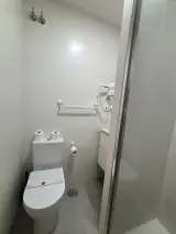 Vista del inodoro con rollos de papel y barra de apoyo desde la puerta del baño de la habitación